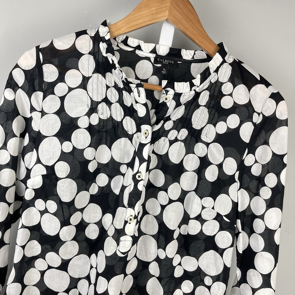Talbots Petites Popover Top Womens SP‎ Black White Polka Dot 100% Cotton
